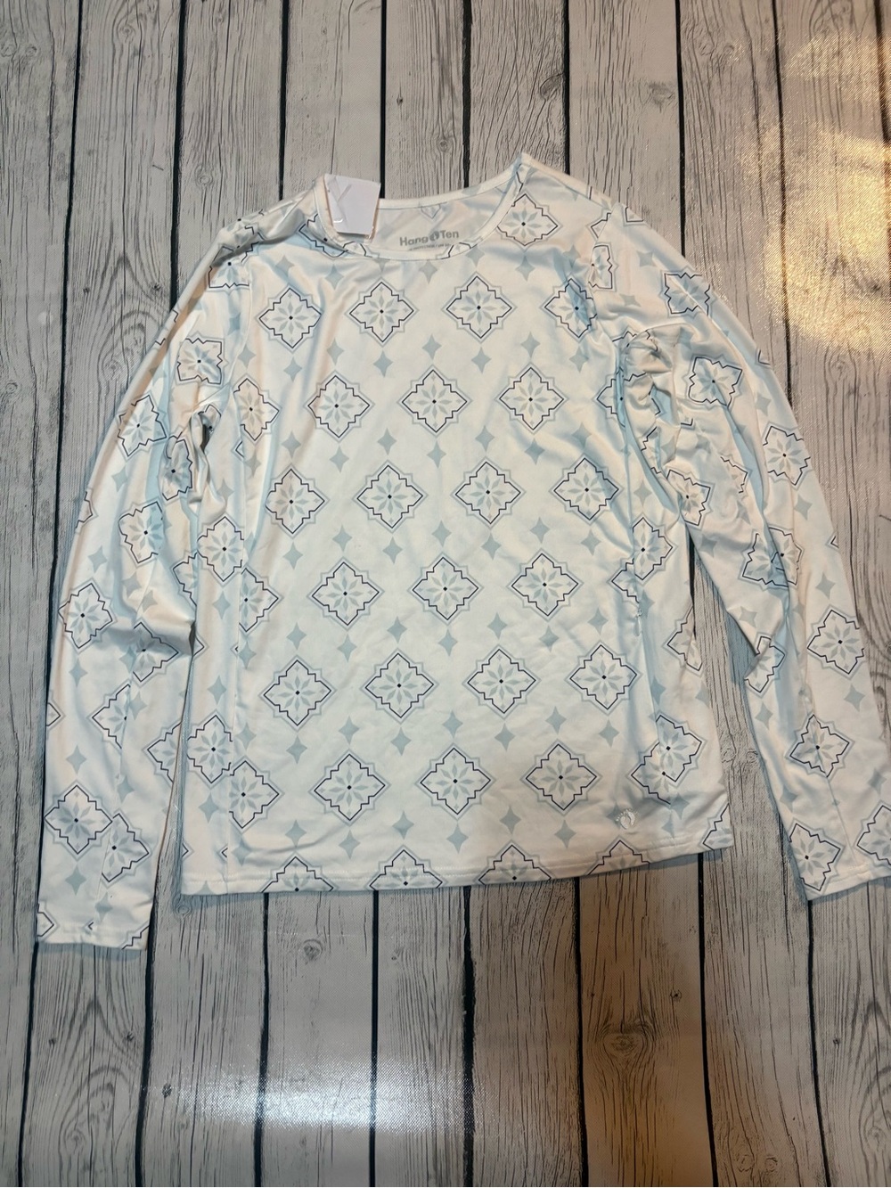 Hang Ten UPF 50+ Jersey Shirt Women's xs White-Blue Print Pocket Long Sleeve